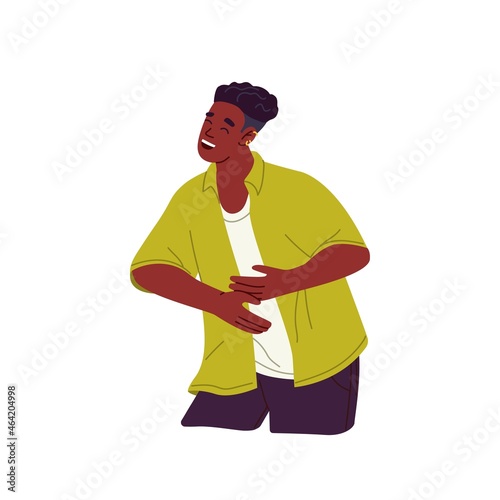 Person laughing out loud from fun and joy, holding belly. Merry happy man roaring from hearty laughter. Guy expressing positive emotion. Colored flat vector illustration isolated on white background
