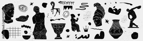 Ancient, Greek element set. Various Antique statues. Heads of woman, knight, amphora. Mythical, ancient greek style. Classic Antique items in modern style. All elements are isolated.
