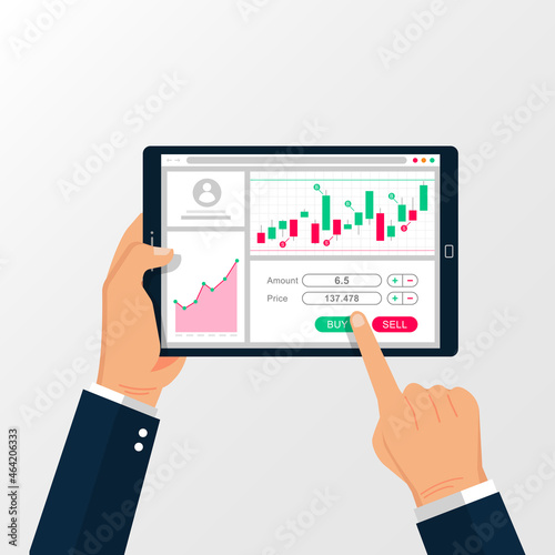 Stock exchange on tablet screen, financial trading vector illustration