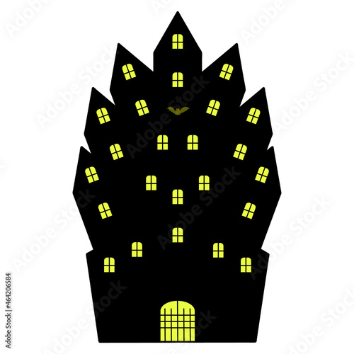 Lock. Silhouette. Residence of Count Dracula. The emblem is a bat. A bright light is burning in the windows of the gloomy house. An ancient building with towers. Vector illustration. Mysterious house.