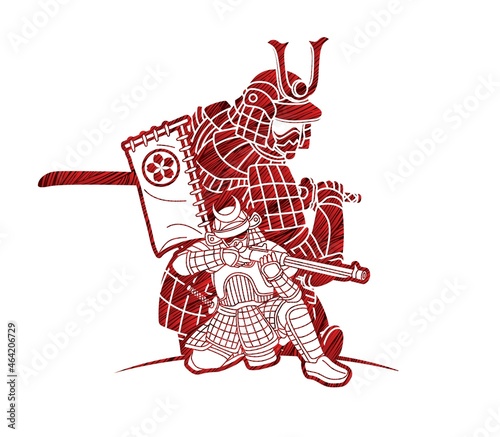 Group of Samurai Warrior with Weapon Japanese Fighter  Ronin Cartoon Graphic Vector