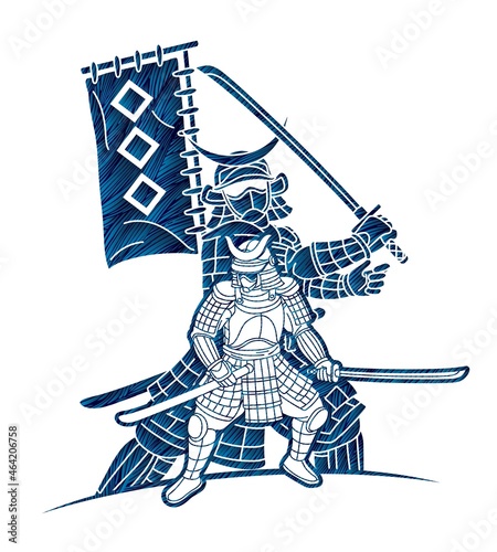 Group of Samurai Warrior with Weapon Japanese Fighter  Ronin Cartoon Graphic Vector