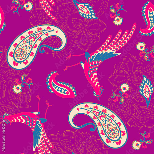 Bird and Floral Paisley pattern, great vector design for any purposes. Seamless background