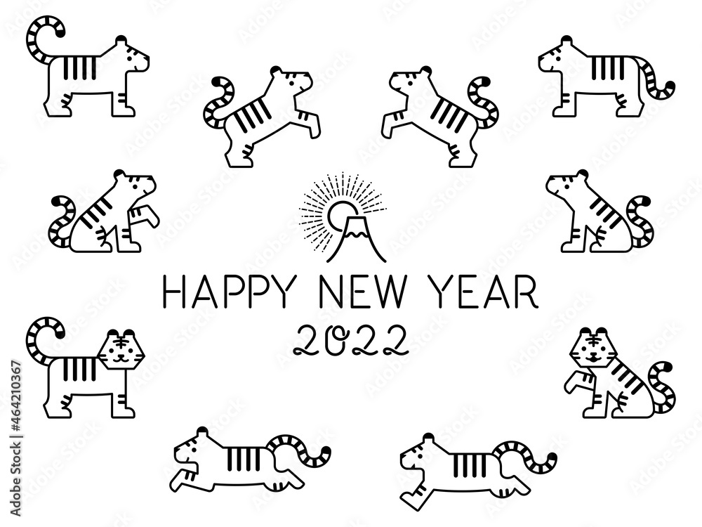 Obraz premium 色々なポーズの記号的な虎の線イラストと文字