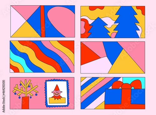 A set of vector fragments for creating Christmas posters and cards. Horizontal Christmas prints. Psychedelic funky groovy style. Vibrant 80s party. Flat celebrations - geometric, stripes, rainbow,wave
