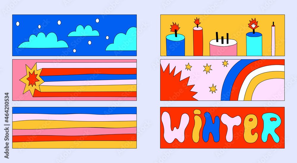 A set of vector fragments for creating Christmas posters and cards. Horizontal Christmas prints. Psychedelic funky groovy style. Vibrant 80s party. Flat celebrations - candles, stars,stripes A set of vector fragments for creating Christmas posters and cards. Horizontal Christmas prints. Psychedelic funky groovy style. Vibrant 80s party. Flat celebrations - candles, stars,stripes