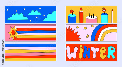 A set of vector fragments for creating Christmas posters and cards. Horizontal Christmas prints. Psychedelic funky groovy style. Vibrant 80s party. Flat celebrations - candles, stars,stripes