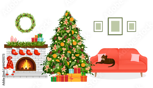 Christmas cozy home interior with fireplace, tree, gifts, sofa and cat. Scandinavian and hygge style. Vector illustration of a room for a postcard, banner, poster, website.