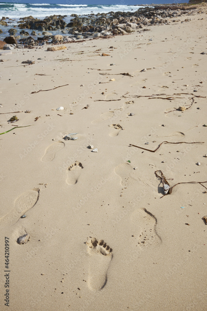 footprints of human bare foot on the beach