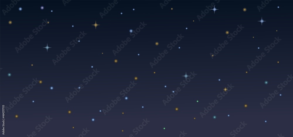 Night starry sky. Illustration in cartoon style flat design. Heavenly atmosphere. Vector - obrazy, fototapety, plakaty 