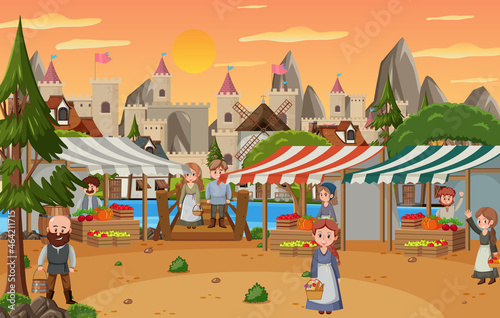 Medieval town scene with villagers at the market place