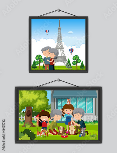 Family photo frames hanging on the wall
