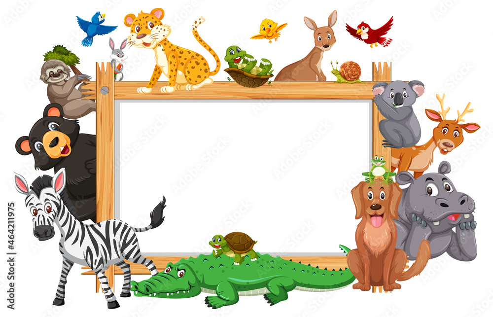 Empty wooden frame with various wild animals Empty wooden frame with various wild animals