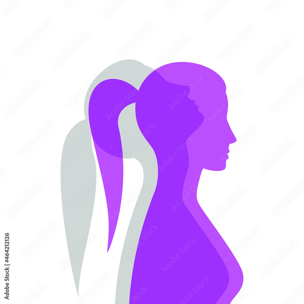 Purple female silhouette in profile with a translucent gray projection looking up. Mental health concept. Duality and hidden emotions