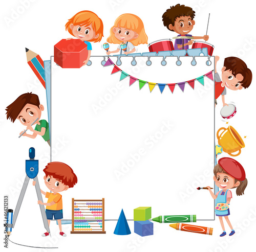 Empty board with many school kids cartoon character