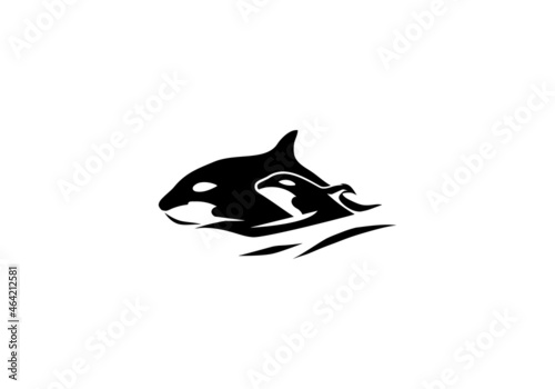 Whale killer with baby logo silhouette. Orca offspring in water. The family fish.