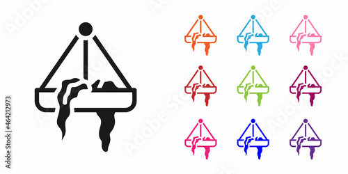 Black Plant in hanging pot icon isolated on white background. Decorative macrame handmade hangers for flower pot, hang indoor plants. Set icons colorful. Vector