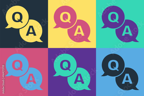 Pop art Speech bubbles with Question and Answer icon isolated on color background. Q and A symbol. FAQ sign. Chat speech bubble and chart. Vector