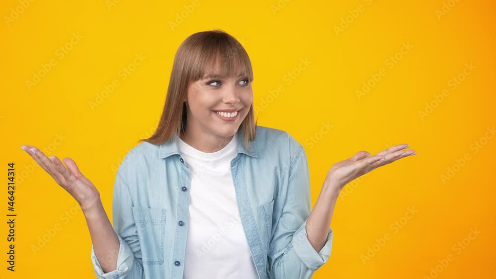 Crazy funky lady hold palm open mouth scream incredible sale news Crazy funky lady hold palm open mouth scream incredible sale news