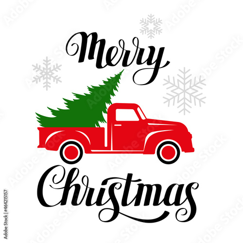 Vintage retro red Christmas truck with pine tree, vector illustration