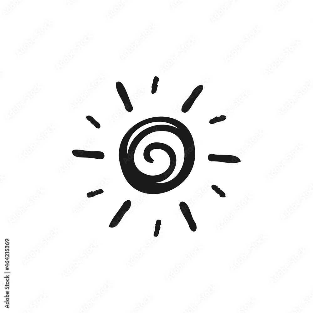 The sun with a spiral. Doodle sketch isolated on white background. Hand drawn vector illustration