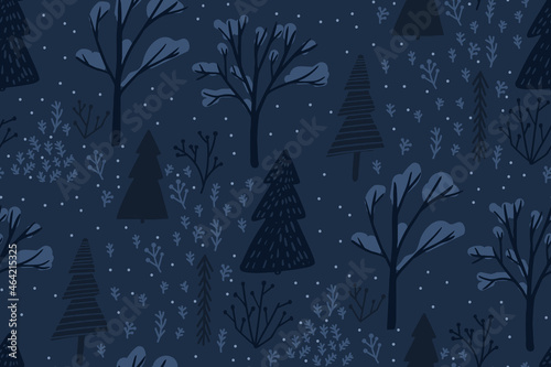 Night forest pattern, winter seamless background. Hand drawn trees, spruces and plants. Winter woodland.