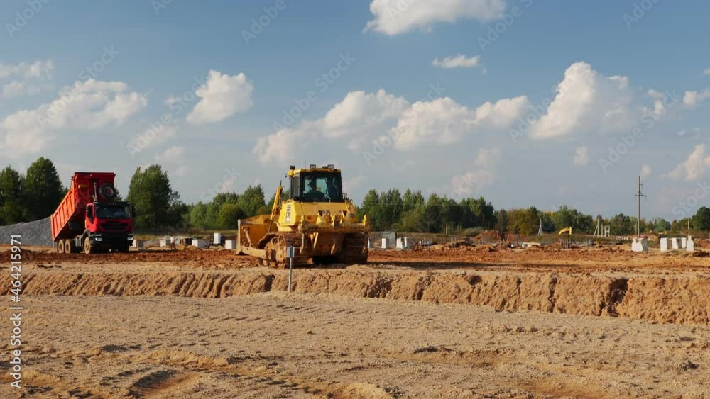 custom made wallpaper toronto digitalVideo shot of тrucks transporting soil for leveling construction site of meat processing plant
