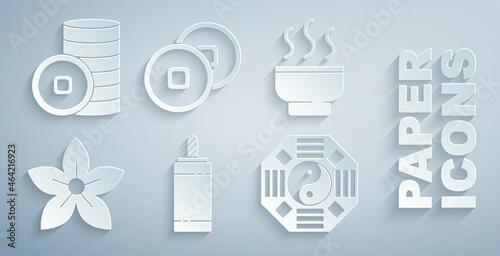 Set Firework, Chinese tea ceremony, Lotus flower, Yin Yang, Yuan currency and icon. Vector