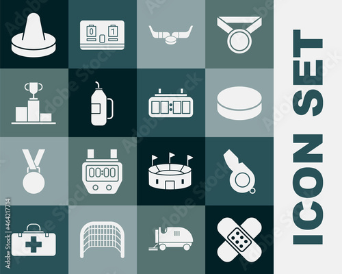 Set Crossed bandage plaster, Whistle, Hockey puck, Ice hockey sticks, Fitness shaker, over sports winner podium, Mallet for playing air and mechanical scoreboard icon. Vector