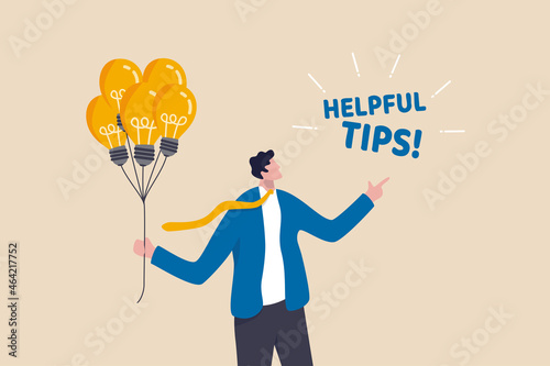 Helpful tips for business, useful ideas or smart trick to success, advice or suggestion information for improvement concept, smart businessman holding lightbulb ideas balloon telling helpful tips. photo