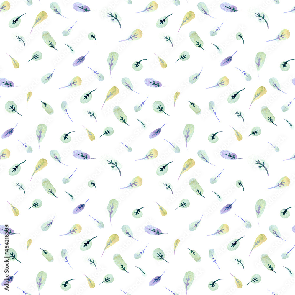 Cute watercolor little leaves on white background seamless pattern