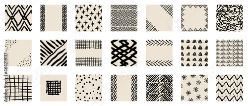 Set of hand drawn social media posts template, with boho and tribal patterns- Vector textures of Geometric doodle shapes of spots, dots, circles, strokes, stripes, lines. - good for posters and prints