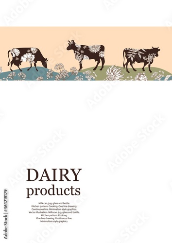 Sample brochure. Agricultural background. Brown silhouette of a cow and white flowers.
