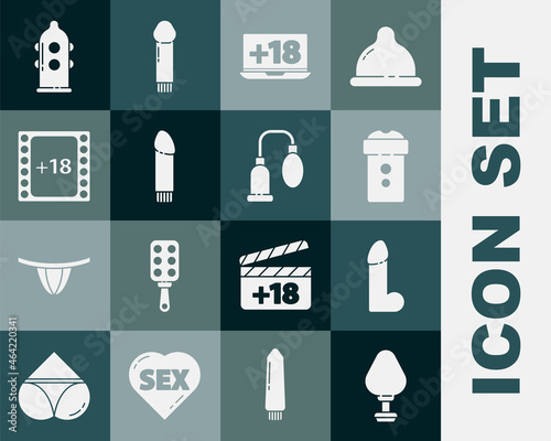 Set Anal plug, Dildo vibrator, Vagina masturbator, Laptop with 18 plus content, Play Video, Condom and Penis pump icon. Vector