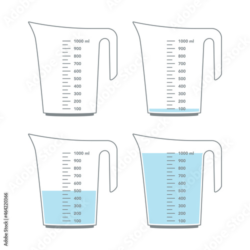 Kitchen measuring cups with various amount of liquid.