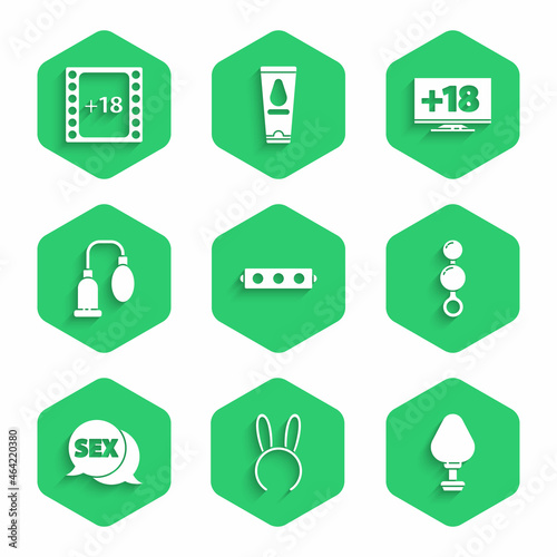 Set Silicone ball gag with belt, Mask long bunny ears, Anal plug, beads, Speech bubble Sex, Penis pump, Monitor 18 plus content and Play Video icon. Vector