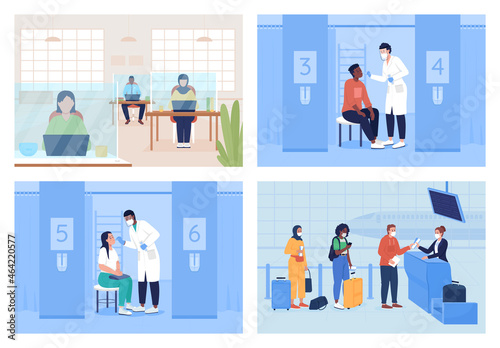 Post covid safety flat color vector illustration set. Office protection. Doctor checking patient. Airport safety. People in facial masks 2D cartoon characters with interiors on background collection