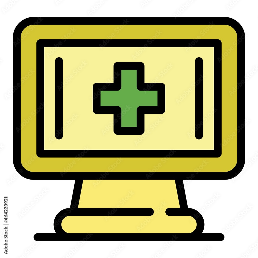 Medical cross on the monitor icon. Outline medical cross on the monitor vector icon color flat isolated Medical cross on the monitor icon. Outline medical cross on the monitor vector icon color flat isolated