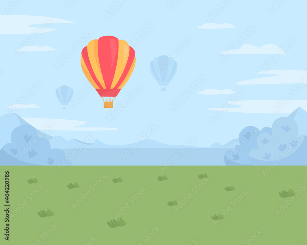 Naklejka premium Hot air balloon festival flat color vector illustration. Recreation and entertainment. Cloudscape with floating balloons. Panoramic 2D cartoon landscape with daytime sky on background