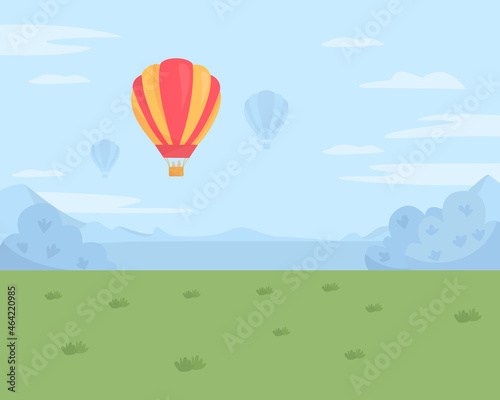 Hot air balloon festival flat color vector illustration. Recreation and entertainment. Cloudscape with floating balloons. Panoramic 2D cartoon landscape with daytime sky on background