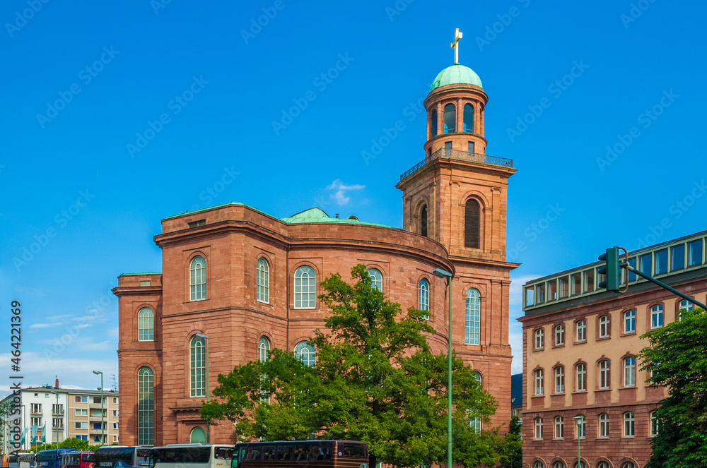 Beautiful view of the famous Paulskirche (St Paul's Church) seen from the street Berliner Straße in Frankfurt am Main. It is a national symbol for freedom and democracy in Germany.