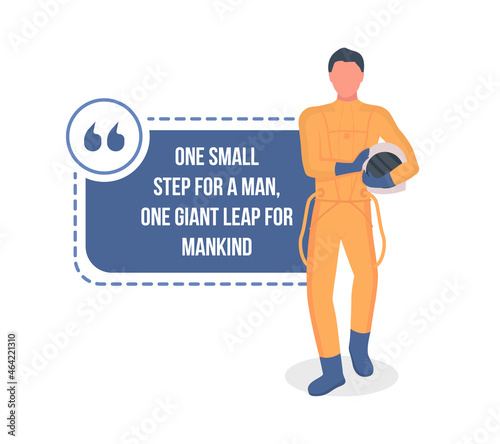 Astronaut vector quote box with flat character. Space exploration. Cosmonaut walking holding helmet. Speech bubble with cartoon illustration. Colourful quotation design on white background