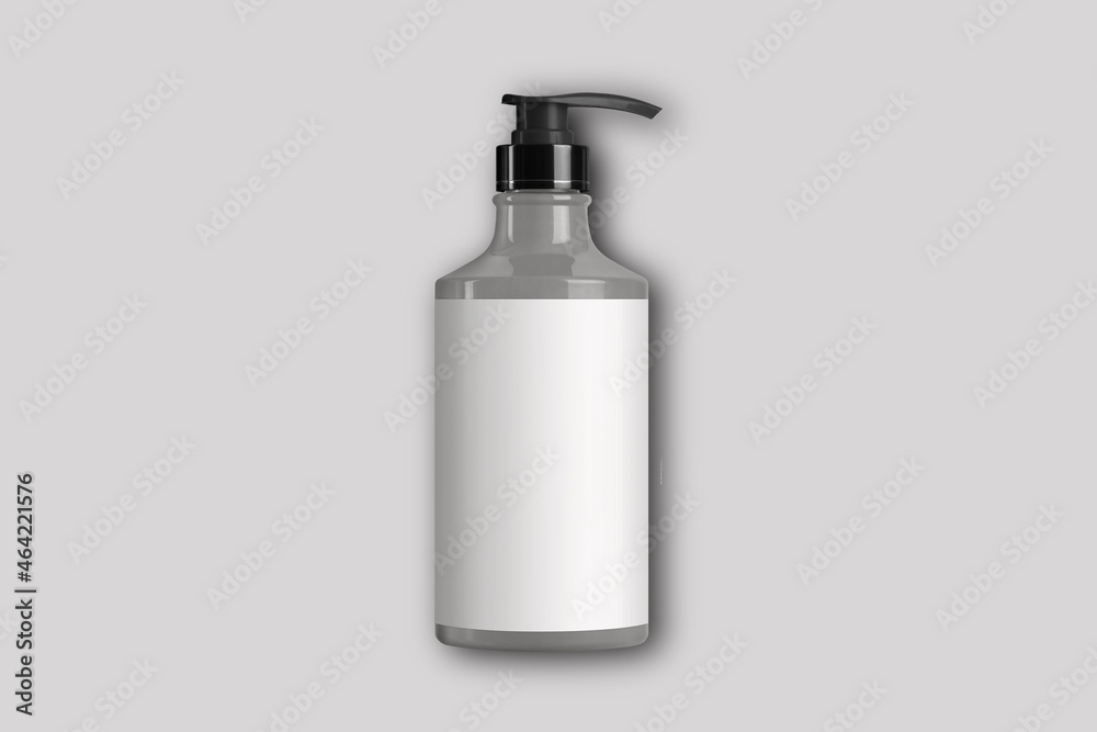 Empty blank cosmetic bottle mock up isolated on a grey background. Sanitizer mock up. 3d rendering. Empty blank cosmetic bottle mock up isolated on a grey background. Sanitizer mock up. 3d rendering.