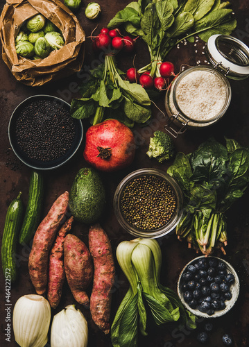 Vegetables, grains, greens and fruit for vegan healthy diet
