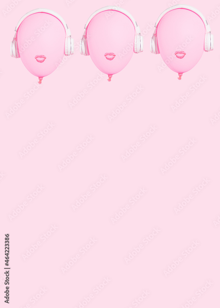 balloon pink with white headphones.pink background.balloon head with lips listening to the music.red lipstick kiss.concept design idea pattern.vibrant 80s colors