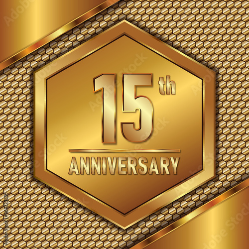 15th Anniversary with very luxurious gold metal texture background, logo vector template