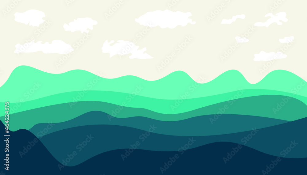 Abstract background ocean blue waves cloud sky wallpaper flat vector illustration	