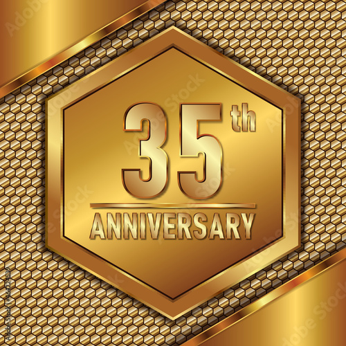 35th Anniversary with very luxurious gold metal texture background, logo vector template