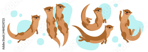 Vector set with cartoon otters and bubbles isolated on white. © uiliaaa