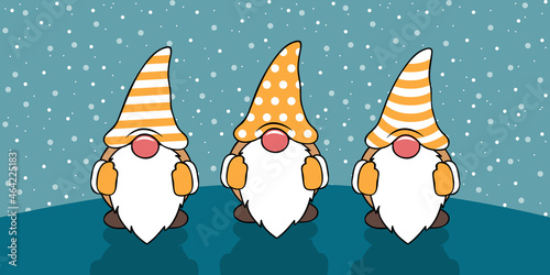 three cute christmas gnomes with funny caps